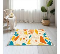 Small Cotton Boho Area Rugs Abstract Hand Drawn Line Drawing Women Faces Masks Geometric Washable Hessian Bohemian Throw Tassel Printed Woven Rug Carpet for Bedroom, Living Room, Bathroom