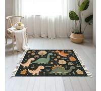Small Cotton Boho Area Rugs Dino friends Funny cartoon dinosaurs rainbows plants Cute t rex Washable Hessian Bohemian Throw Tassel Printed Woven Rug Carpet for Bedroom, Living Room, Bathroom