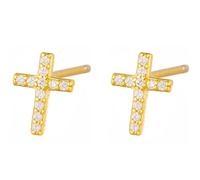 Small Cross Stud Earrings - Pave 14K Gold Plating for Women, Tiny Gold Cross Stud Earrings in Gold Tone Finish