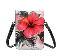 Small Crossbody Cell Phone Bag For Women Leather Lightweight Mini Phone Purses Red Hibiscus Shoulder Handbag Purse