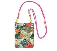 Small Crossbody Phone Bag for Women Men, Leaves Hibiscus Flowers Sling Crossbody Pouch, Water Resistant Shoulder Bag for Workout Travel Sports Gym Commute, Mobile Phone Bags, Adjustable red Strap
