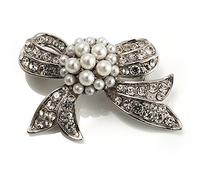 Small Crystal Faux Pearl Bow Brooch
