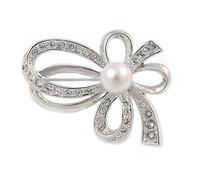 Small Crystal Faux Pearl Bow Brooch In Rhodium Plated Metal - 40mm L