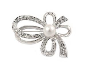 Small Crystal Faux Pearl Bow Brooch In Rhodium Plated Metal - 40mm L