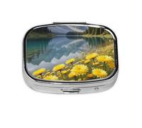 Small Curving Chamomile Flowers Printed Pill Organizer Daily,Portable Metal Travel Pill Case Box for Purse and Pocket