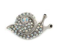 Small Cute AB Crystal Snail Brooch In Silver Tone Metal - 35mm Across