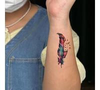 Small Cute Temporary Tattoo Sticker Set of 2 - Colorful Feather Birds Designs for Hand Neck Face Wrist, Simple Modern Unisex Skin Decals (X-516)