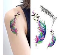 Small Cute Temporary Tattoo Sticker Set of 2 - Colorful Feather Birds Designs for Hand Neck Face Wrist, Simple Modern Unisex Skin Decals (K-181)