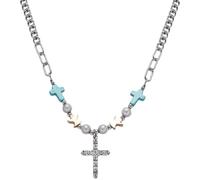Small Dainty Cross Necklace Pendant Bohemian Turquoise Seed Bead Beaded Necklace Choker for Women Men Faith Jewelry Gift, Metal, No Gemstone