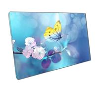 Small Delicate White Pink Flower Branch Being Visited By A Blue Yellow Butterfly Wall Art Print On Canvas Picture For Home Office Decor 30x20cm (12x8In)
