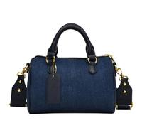Small Denim Boston Bag for Women, Color-Block Patchwork Barrel Handbag with Leather Top Handle and Gold Hardware, Casual Crossbody Purse,Blue