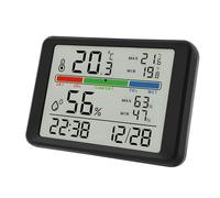 Small Digital Hygrometer Indoor Thermometer - Temperature Monitor and Humidity Meter with Clock, Alarm, LCD Display, Magnetic Backing for Home Office Comfort, Reptile Habitat - Black