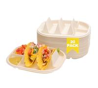 Small Disposable Taco Plates With Dipping Sides - 20 Pack, Biodegradable Cornstarch Taco Holder, Mini Size Fit 4-6 Inch Street Tortilla Shells, Sturdy & Microwave Safe, Bar Serving Set For A Party
