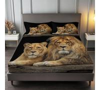 Small Doble Bed Deep Fitted Sheet for Kids, Photography Animals Lions Bedding Soft Brushed Microfiber Easy Care Bedding Sets with 2 Pillowcases Hypoallergenic Fitted Sheet, Black