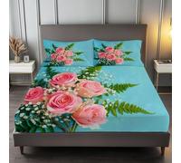 Small Doble Bed Fitted Sheet 30cm Deep Plant Rose Baby'S Breath, Blue Fitted Sheets for Kids Soft Brushed Microfiber Easy Care Fade Resistant Breathable Bedding Set with 2 Pillowcases