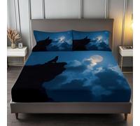 Small Doble Fitted Sheet Deep Fit 30 cm Blue, Fantasy Moon Cliff Wolf Soft Brushed Microfiber Easy Care Fade Resistant Breathable Bedding Sets with 2 Pillowcases, Elastic Fitted Bed Sheets