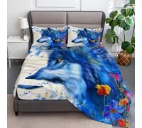 Small Doble Size Fitted Sheets -30cm Deep Animals Wolf Flowers Fitted Sheets, Soft Brushed Microfiber Easy Care Fade Resistant Breathable Bedding Set, Sky Blue