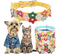 Small Dog Collar with Flower, Cute Pretty Fancy Cat Collar PU Leather Dogs Collar Girl Boy Adjustable for XSmall Small Medium Pet (Size S,Yellow-1)