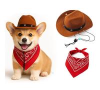 Small Dog Cowboy Costume - Pet Halloween Outfit with Brown Hat & Red Bandana for Cats & Dogs - Western Style Party Dress-Up for Halloween, Christmas, Carnival & Photos