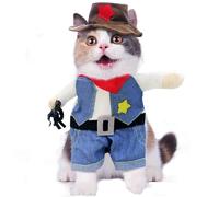 Small Dog Cowboy Costume with Hat 2pcs Funny Halloween Chucky Costumes Cool West Cowboy Uniform Puppy Denim Overalls Western Cosplay Sheriff Outfits Cat Apparel (Western Cowboy Doll, X-Small)
