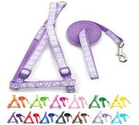 Small Dog Puppy Pet Cat Kitten Harness and Lead Set Pawprint Design Nylon Adjustable Chest Size 21-34cm and 120cm Leash Lilac Violet Light Purple