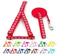 Small Dog Puppy Pet Cat Kitten Harness and Lead Set Pawprint Design Nylon Adjustable Chest Size 21-34cm and 120cm Leash Red