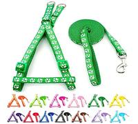 Small Dog Puppy Pet Cat Kitten Harness and Lead Set Pawprint Design Nylon Adjustable Chest Size 21-34cm and 120cm Leash Green