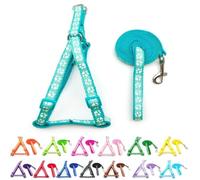 Small Dog Puppy Pet Cat Kitten Harness and Lead Set Pawprint Design Nylon Adjustable Chest Size 21-34cm and 120cm Leash Green Blue Turquoise