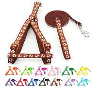 Small Dog Puppy Pet Cat Kitten Harness and Lead Set Pawprint Design Nylon Adjustable Chest Size 21-34cm and 120cm Leash Brown