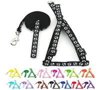 Small Dog Puppy Pet Cat Kitten Harness and Lead Set Pawprint Design Nylon Adjustable Chest Size 21-34cm and 120cm Leash Black