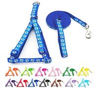 Small Dog Puppy Pet Cat Kitten Harness and Lead Set Pawprint Design Nylon Adjustable Chest Size 21-34cm and 120cm Leash Blue