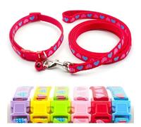 Small Dog Puppy Pet Collar and Lead Set Love Heart Design Nylon Adjustable Size 19-32cm Collar with Bell and 120cm Leash Red