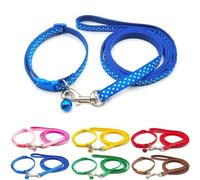 Small Dog Puppy Pet Collar and Lead Set Spot Dot Design Nylon Adjustable Size 19-32cm Collar with Bell and 120cm Leash Blue