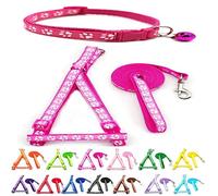 Small Dog Puppy Pet Collar Harness and Lead 3 Piece Set Pawprint Design Nylon Adjustable Neck Size 19-32cm and Chest Size 21-34cm with 120cm Leash Pink Magenta Rose