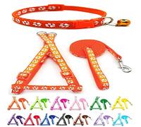 Small Dog Puppy Pet Collar Harness and Lead 3 Piece Set Pawprint Design Nylon Adjustable Neck Size 19-32cm and Chest Size 21-34cm with 120cm Leash Orange