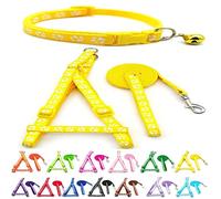 Small Dog Puppy Pet Collar Harness and Lead 3 Piece Set Pawprint Design Nylon Adjustable Neck Size 19-32cm and Chest Size 21-34cm with 120cm Leash Yellow