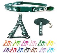 Small Dog Puppy Pet Collar Harness and Lead 3 Piece Set Pawprint Design Nylon Adjustable Neck Size 19-32cm and Chest Size 21-34cm with 120cm Leash Bottle Dark Green
