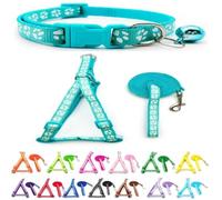 Small Dog Puppy Pet Collar Harness and Lead 3 Piece Set Pawprint Design Nylon Adjustable Neck Size 19-32cm and Chest Size 21-34cm with 120cm Leash Green Blue Turquoise