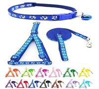 Small Dog Puppy Pet Collar Harness and Lead 3 Piece Set Pawprint Design Nylon Adjustable Neck Size 19-32cm and Chest Size 21-34cm with 120cm Leash Blue