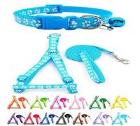 Small Dog Puppy Pet Collar Harness and Lead 3 Piece Set Pawprint Design Nylon Adjustable Neck Size 19-32cm and Chest Size 21-34cm with 120cm Leash Light Blue