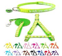 Small Dog Puppy Pet Collar Harness and Lead 3 Piece Set Pawprint Design Nylon Adjustable Neck Size 19-32cm and Chest Size 21-34cm with 120cm Leash Lime Green