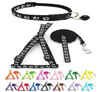 Small Dog Puppy Pet Collar Harness and Lead 3 Piece Set Pawprint Design Nylon Adjustable Neck Size 19-32cm and Chest Size 21-34cm with 120cm Leash Black