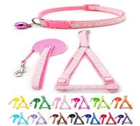 Small Dog Puppy Pet Collar Harness and Lead 3 Piece Set Pawprint Design Nylon Adjustable Neck Size 19-32cm and Chest Size 21-34cm with 120cm Leash Light Pink