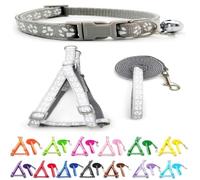 Small Dog Puppy Pet Collar Harness and Lead 3 Piece Set Pawprint Design Nylon Adjustable Neck Size 19-32cm and Chest Size 21-34cm with 120cm Leash Light Silver Grey