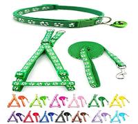 Small Dog Puppy Pet Collar Harness and Lead 3 Piece Set Pawprint Design Nylon Adjustable Neck Size 19-32cm and Chest Size 21-34cm with 120cm Leash Green
