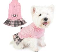 Small Dog Sweater Dress with Bowtie Turtleneck Knitted Puppy Winter Clothes Girl Warm Dog Sweaters with Leash Hole for Yorkies Chihuahua Toy Poodle (S, Pink)