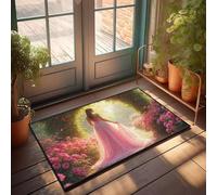 Small Door Mat A Woman In A Pink Dress Walks Down A Path Lined With Flowers Doormat Funny Door Mats For Front Door Front Porch Rug(50X80CM)