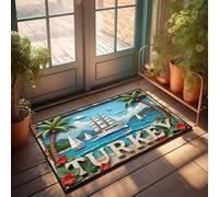 Small Door Mat Turkish Sailing Adventure: Palm Trees, Flowers, And Ocean Views Doormat Home Goods Porch Mats For Front Door Outside(50X80CM)