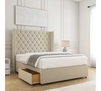 (Small Double-4ft (2 Drawers Footend side), Cream Plush Velvet) DOUBLE WINGED DIVAN DRAWERS STORAGE BED 54"CHESTERFIELD HEADBOARD+ORTHO MATTRESS
