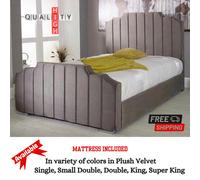 (Small Double-4ft, Blue Plush) Modern Designer Panel Bed Frame Plush Velvet with Mattress